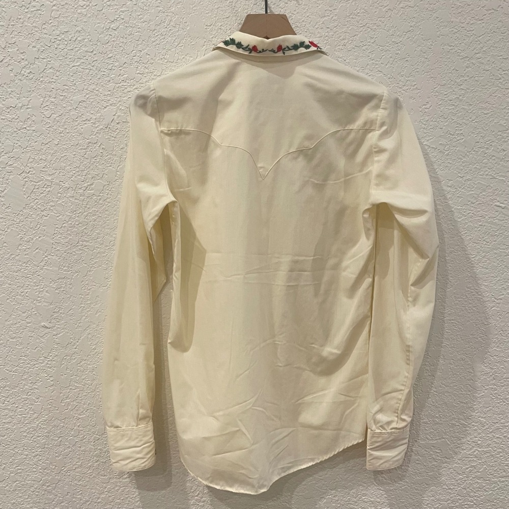 Vintage Rockmount Ranch Wear Cream Embroidered Rose Western Shirt Ruffle Pearl - Picture 8 of 12